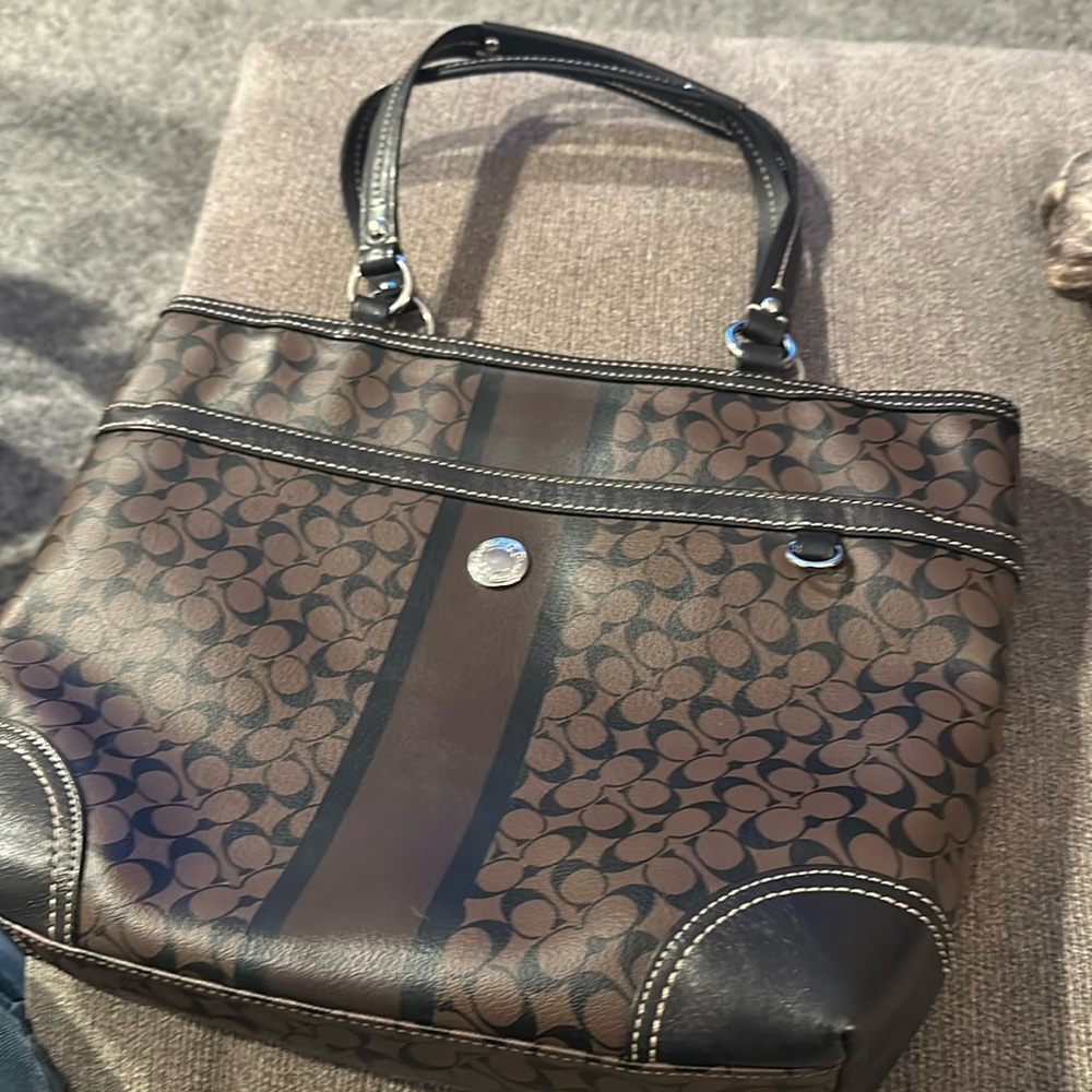 Coach monogrammed handbag brown/black with silver hardware